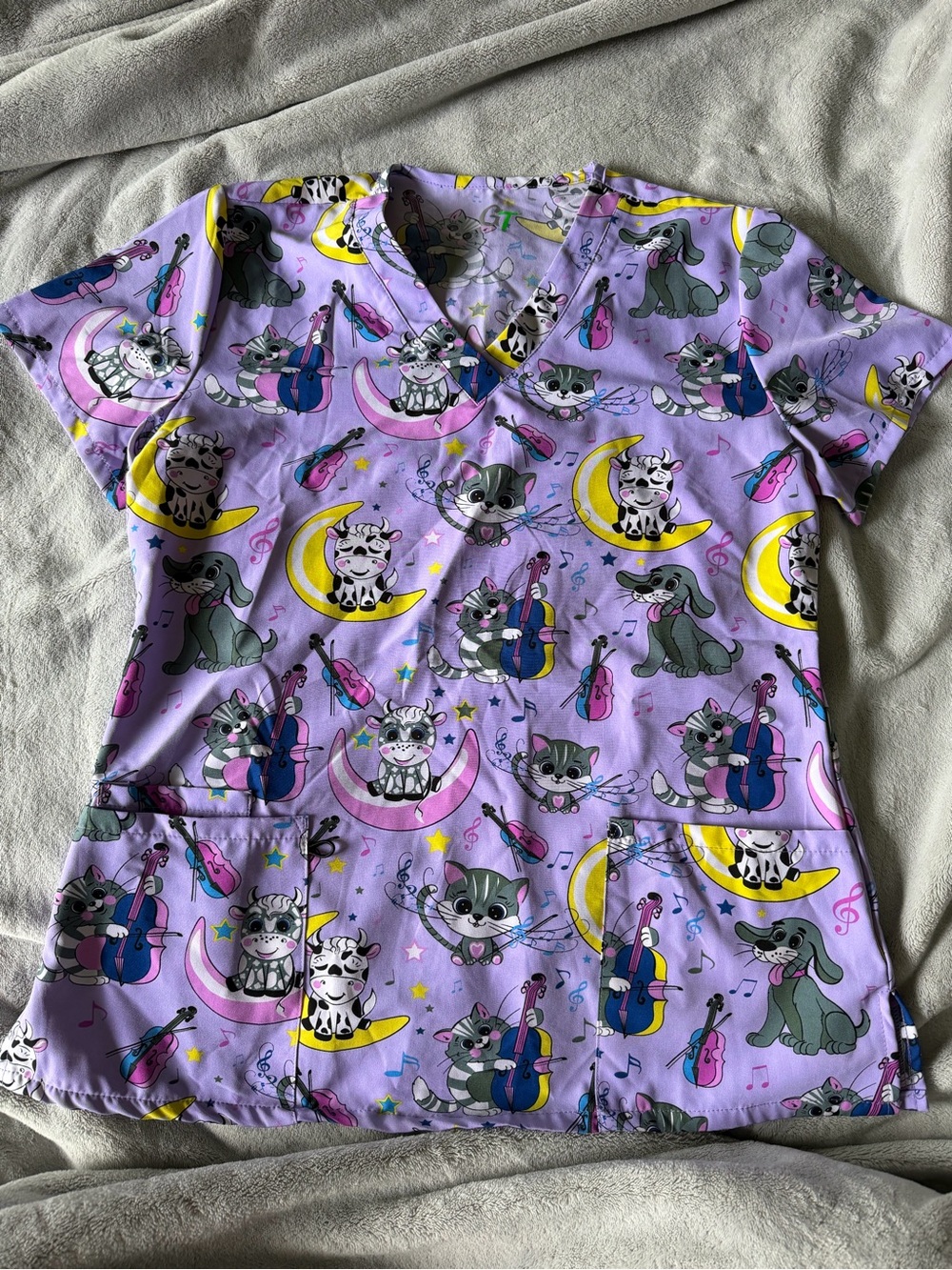 Purple Animal Print Scrub Top - Cute Moon & Instrument Pattern